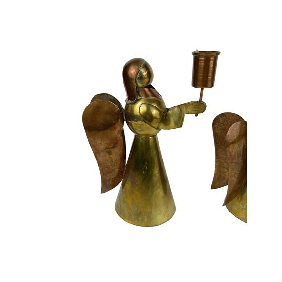 4 Brass and Copper Primitive Angels Candle Holders Hand Made Vintage - Picture 5 of 10